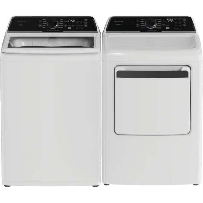 Ensemble laveuse et sécheuse Frigidaire – 27 pouces, 5.1 pi³ / 7.0 pi³, chargement par le haut, blanc – FLVW7523BW & FLVE752CBW
