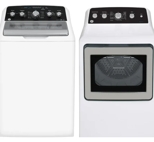 Ensemble laveuse et sécheuse GE – 27 pouces, 4.9 pi³ / 7.2 pi³, chargement par le haut, blanc – GTW491BMRWS & GTD49EBMRWS