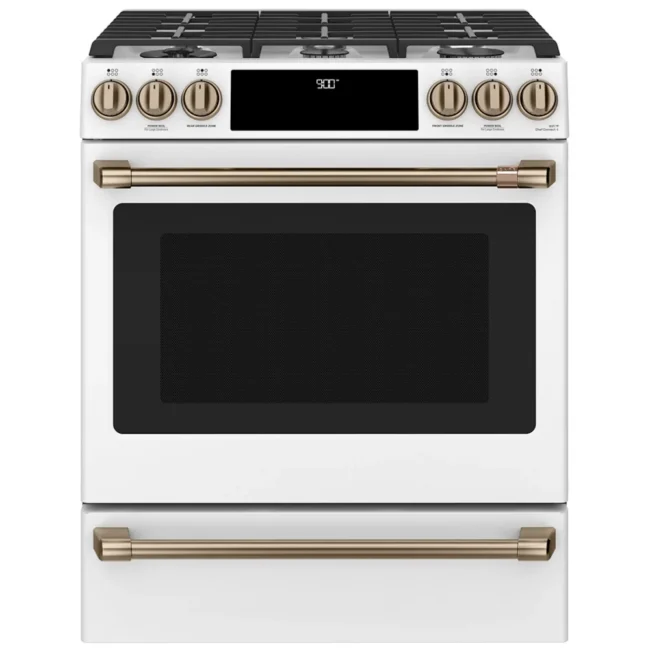 Cuisinière à biénergie GE Café – 30 pouces, 5,7 pi³, blanc – CC2S900P4MW2