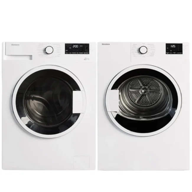 Ensemble laveuse & sécheuse compacte Blomberg – 24 pouces, 1,9 pi³ / 3,7 pi³, empilable ou côte à côte, blanc – WM72200W & DV17600W2