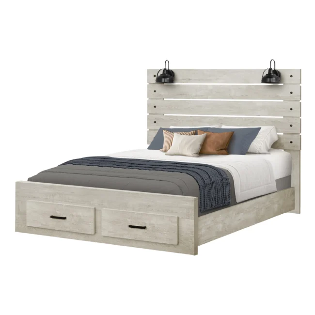 Lit queen Monarch chêne blanchi avec rangement, USB et éclairage intégré – I 5212Q