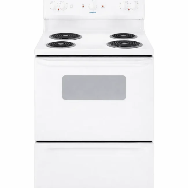 Cuisinière électrique Moffat, 30 pouces, 5 pi³, 4 brûleurs, blanche – MCBS523DN2WW