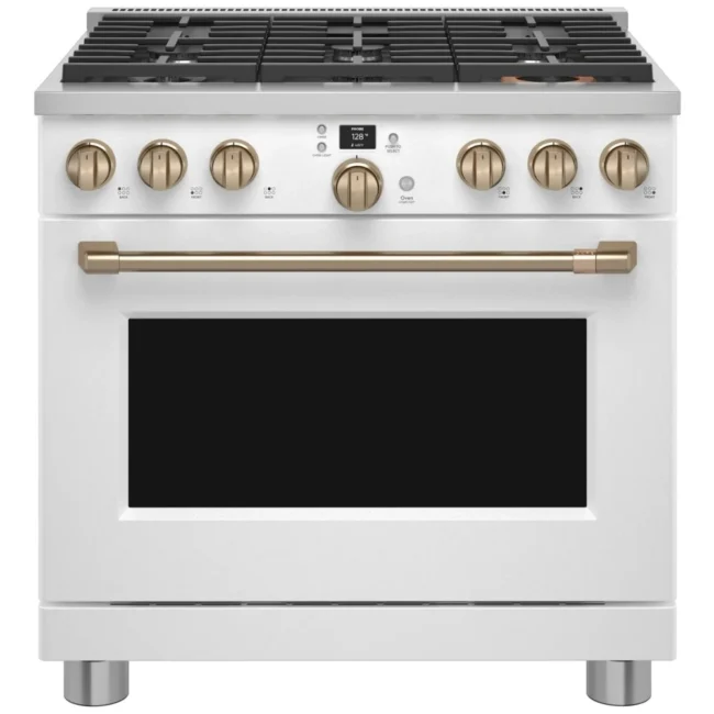 Cuisinière biénergie GE Café – 36 pouces, 5,75 pi³, convection, 6 brûleurs, blanc – C2Y366P4TW2
