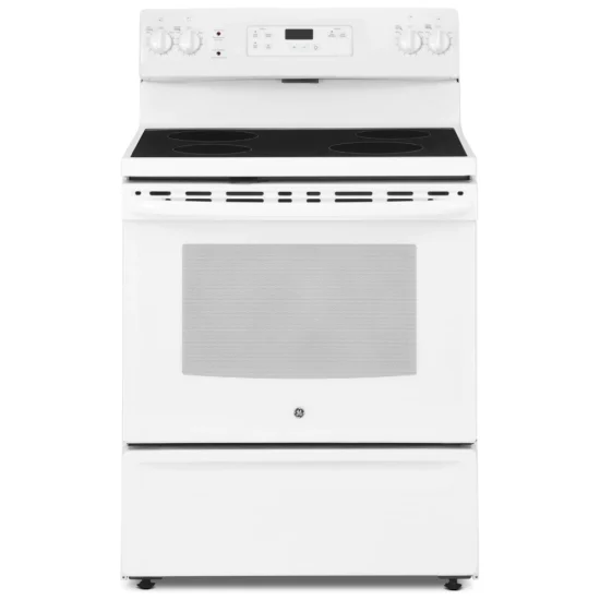 Cuisinière électrique GE, 30 pouces, 5 pi³, 4 brûleurs, blanche – JCBS630DKWW